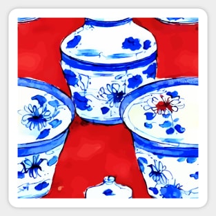 Blue and white chinoiserie bowls on red background Sticker